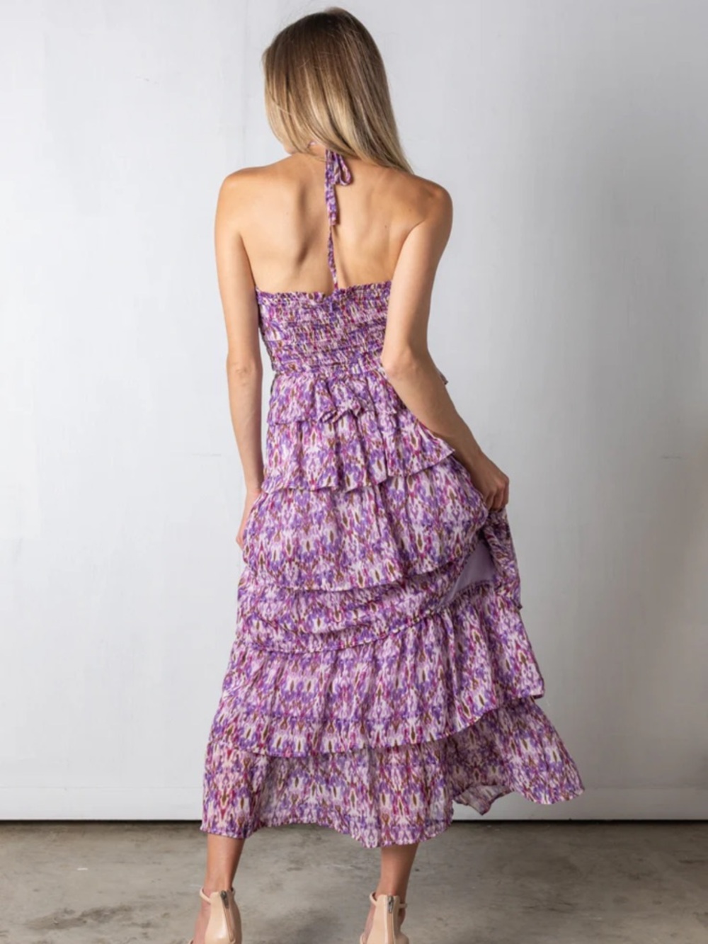 vestique Purple Floral Smocked Tiered Midi Dress - Picture 2 of 7